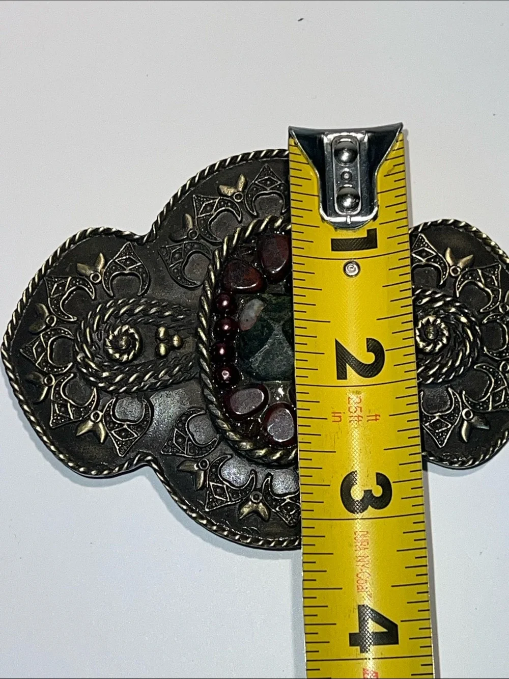 Ornate Metal Belt Buckle with Green Center and Burgundy Accents Stones